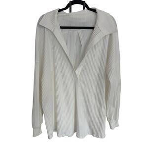NWT Ribbed White Collared Blouse V Neck Long Sleeve Relaxed Fit Tunic Top